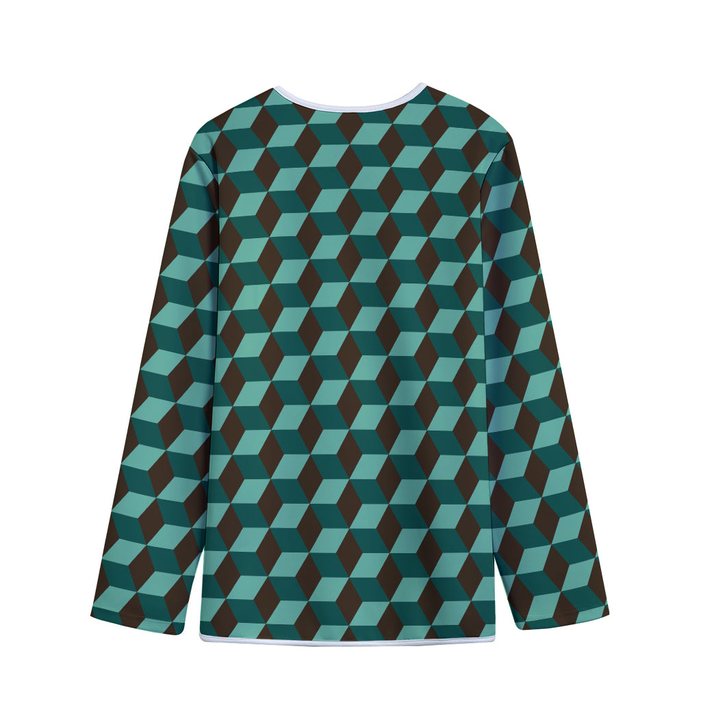 Dark Green Geometric Cube Pattern Print Long Sleeve Short Coat