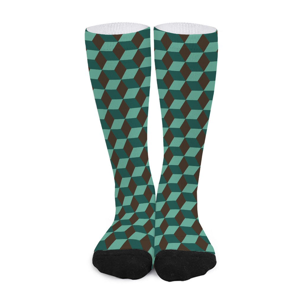 Dark Green Geometric Cube Pattern Print Long Socks
