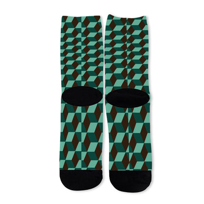 Dark Green Geometric Cube Pattern Print Long Socks