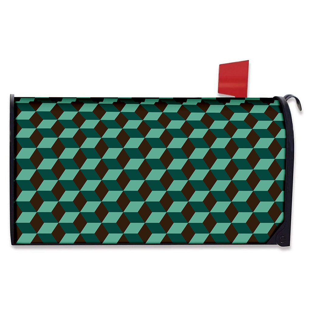 Dark Green Geometric Cube Pattern Print Mailbox Cover