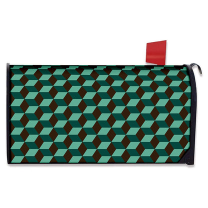 Dark Green Geometric Cube Pattern Print Mailbox Cover