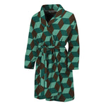 Dark Green Geometric Cube Pattern Print Men's Bathrobe