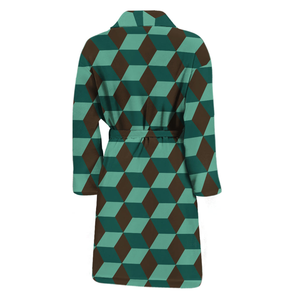 Dark Green Geometric Cube Pattern Print Men's Bathrobe