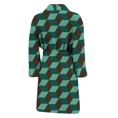 Dark Green Geometric Cube Pattern Print Men's Bathrobe