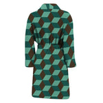 Dark Green Geometric Cube Pattern Print Men's Bathrobe