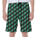 Dark Green Geometric Cube Pattern Print Men's Beach Shorts
