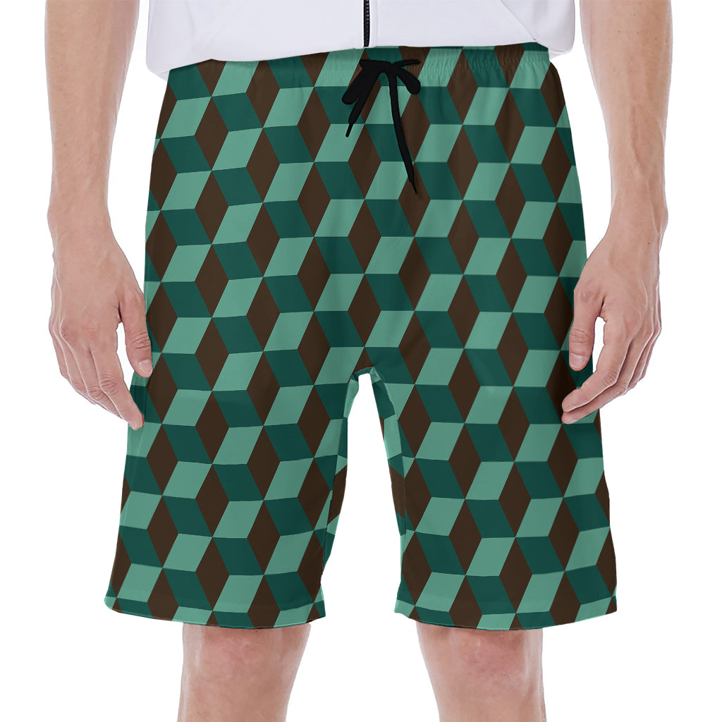 Dark Green Geometric Cube Pattern Print Men's Beach Shorts