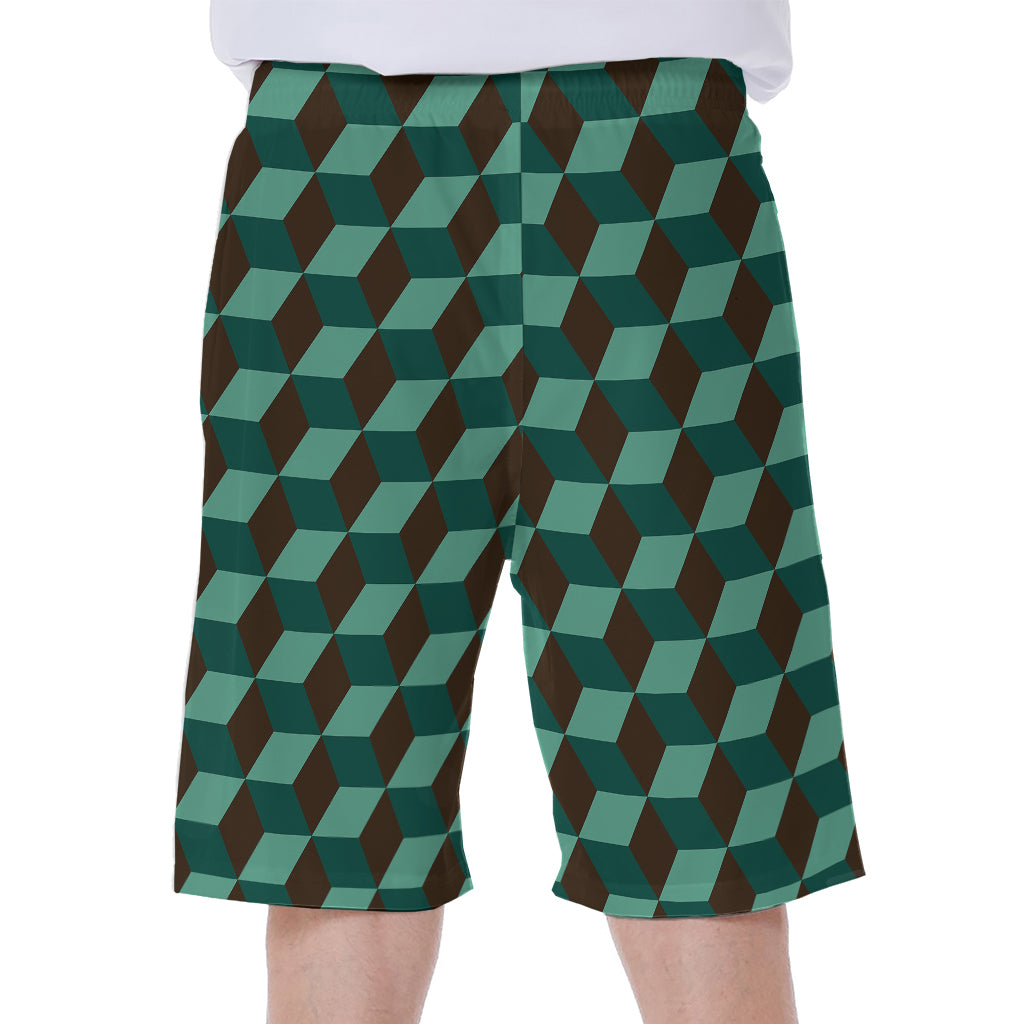 Dark Green Geometric Cube Pattern Print Men's Beach Shorts