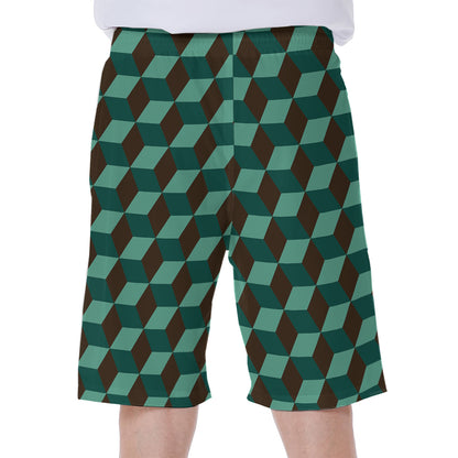 Dark Green Geometric Cube Pattern Print Men's Beach Shorts