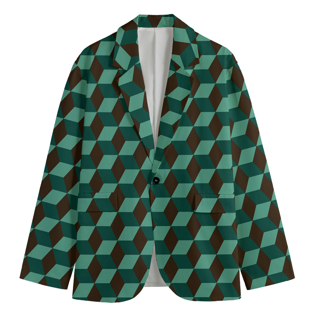 Dark Green Geometric Cube Pattern Print Men's Blazer