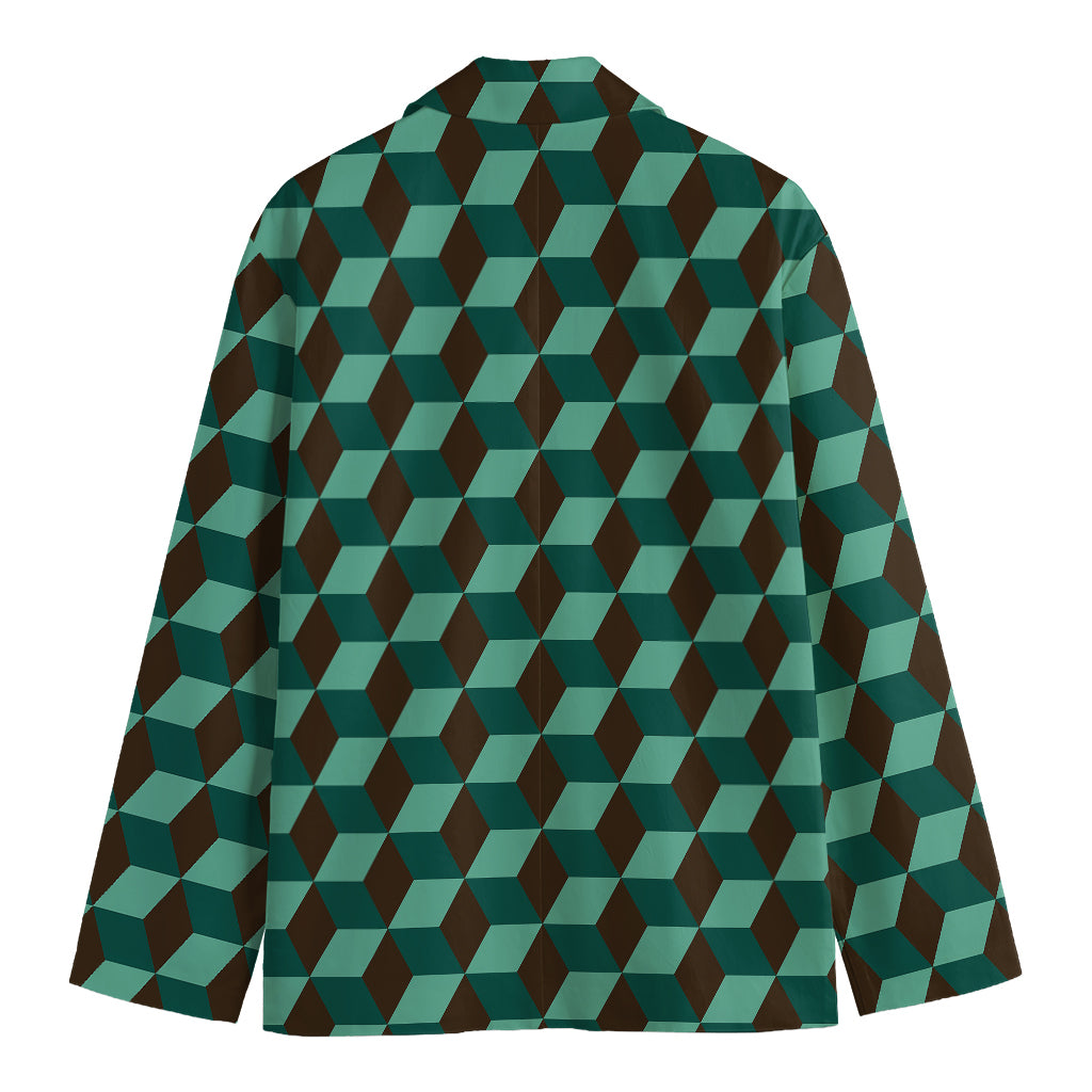 Dark Green Geometric Cube Pattern Print Men's Blazer