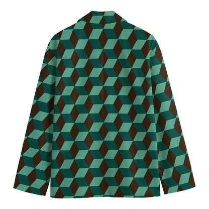 Dark Green Geometric Cube Pattern Print Men's Blazer