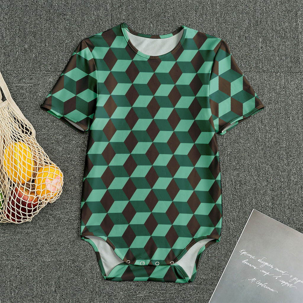 Dark Green Geometric Cube Pattern Print Men's Bodysuit