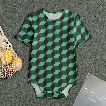 Dark Green Geometric Cube Pattern Print Men's Bodysuit