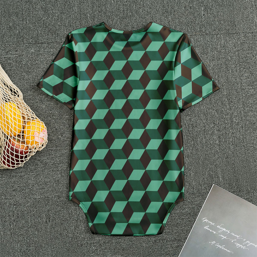 Dark Green Geometric Cube Pattern Print Men's Bodysuit
