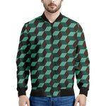 Dark Green Geometric Cube Pattern Print Men's Bomber Jacket