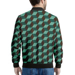 Dark Green Geometric Cube Pattern Print Men's Bomber Jacket