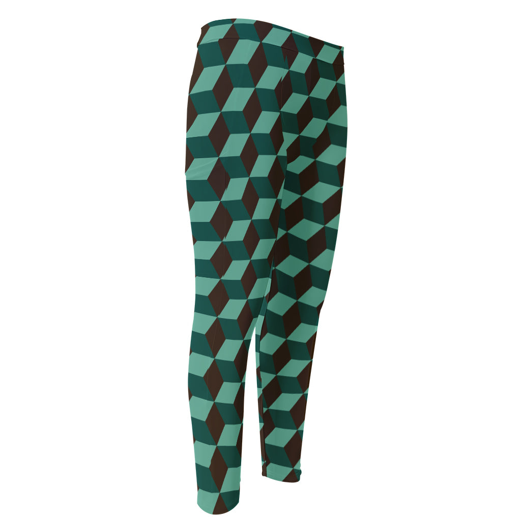 Dark Green Geometric Cube Pattern Print Men's Compression Pants