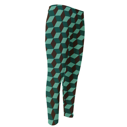 Dark Green Geometric Cube Pattern Print Men's Compression Pants