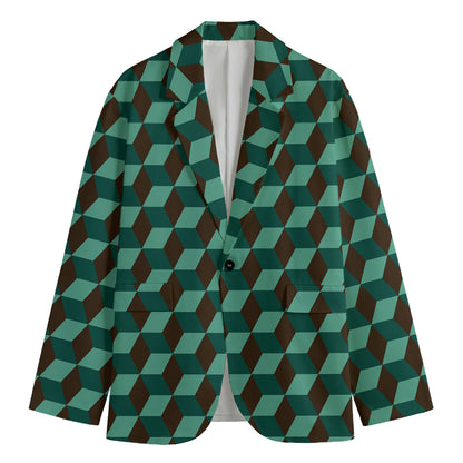 Dark Green Geometric Cube Pattern Print Men's Cotton Blazer