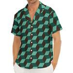 Dark Green Geometric Cube Pattern Print Men's Deep V-Neck Shirt