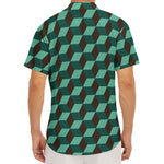 Dark Green Geometric Cube Pattern Print Men's Deep V-Neck Shirt