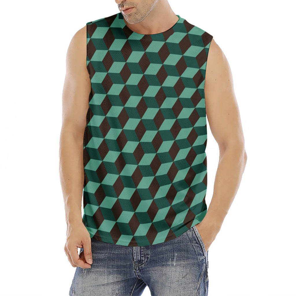 Dark Green Geometric Cube Pattern Print Men's Fitness Tank Top