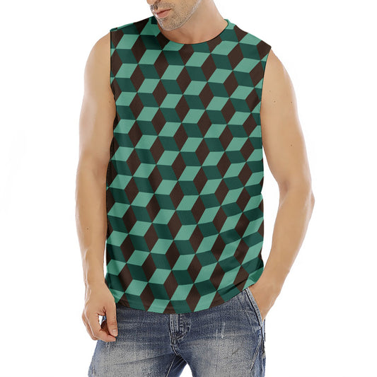 Dark Green Geometric Cube Pattern Print Men's Fitness Tank Top