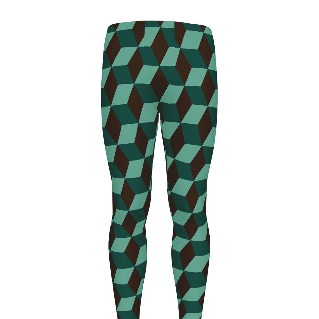 Dark Green Geometric Cube Pattern Print Men's leggings