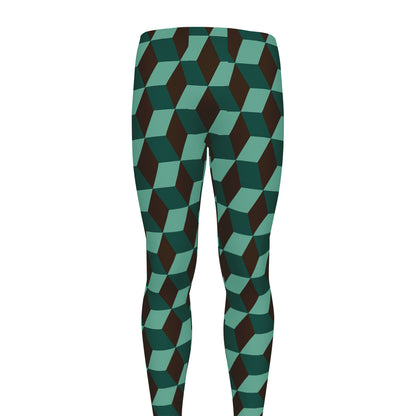 Dark Green Geometric Cube Pattern Print Men's leggings