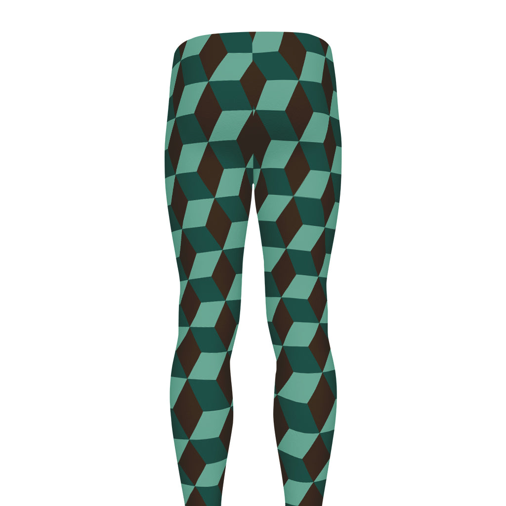 Dark Green Geometric Cube Pattern Print Men's leggings