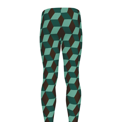 Dark Green Geometric Cube Pattern Print Men's leggings