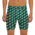 Dark Green Geometric Cube Pattern Print Men's Long Boxer Briefs