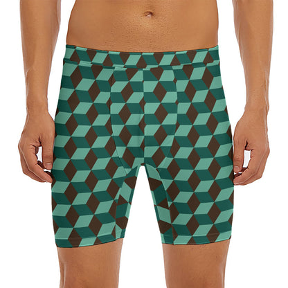 Dark Green Geometric Cube Pattern Print Men's Long Boxer Briefs