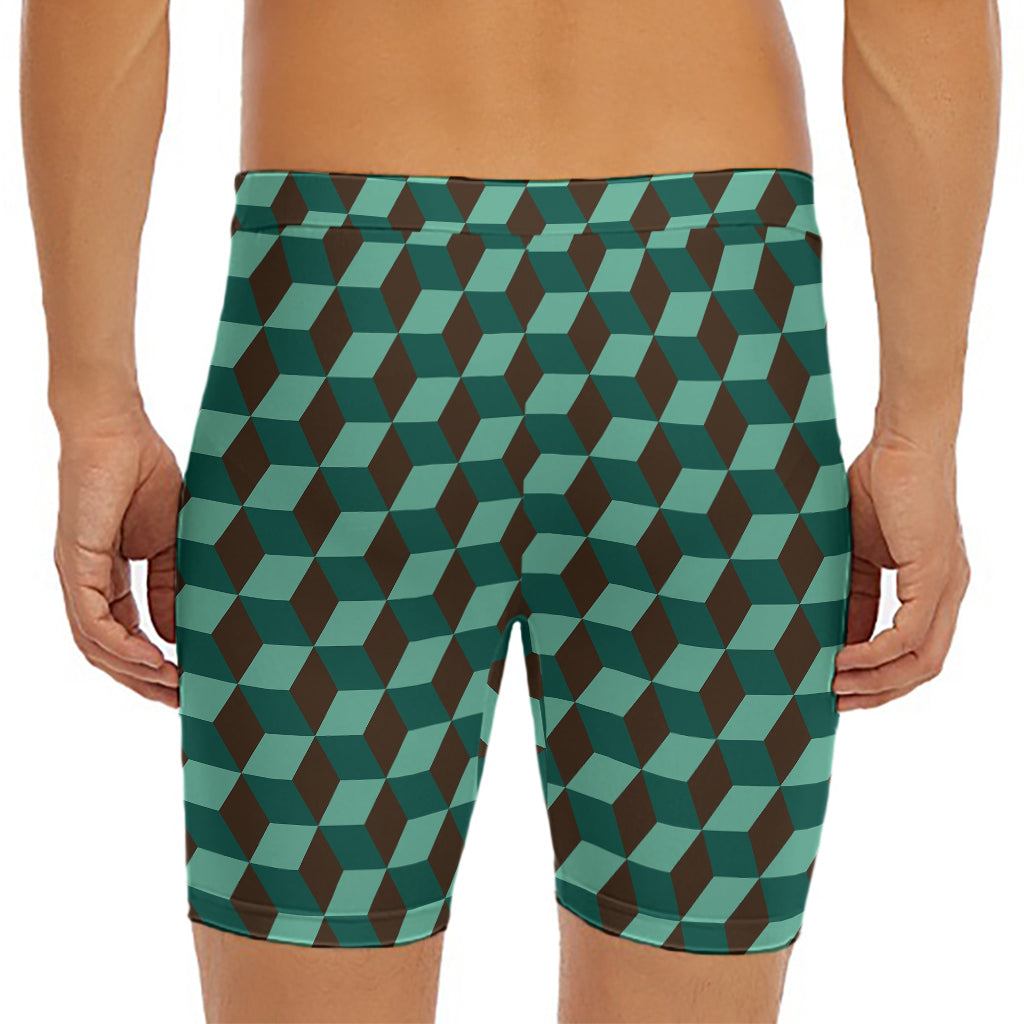 Dark Green Geometric Cube Pattern Print Men's Long Boxer Briefs