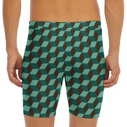 Dark Green Geometric Cube Pattern Print Men's Long Boxer Briefs