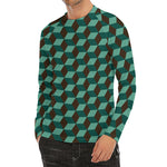 Dark Green Geometric Cube Pattern Print Men's Long Sleeve Rash Guard