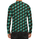 Dark Green Geometric Cube Pattern Print Men's Long Sleeve Rash Guard