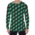 Dark Green Geometric Cube Pattern Print Men's Long Sleeve T-Shirt