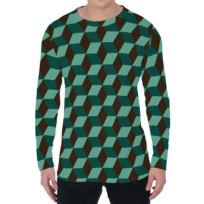 Dark Green Geometric Cube Pattern Print Men's Long Sleeve T-Shirt