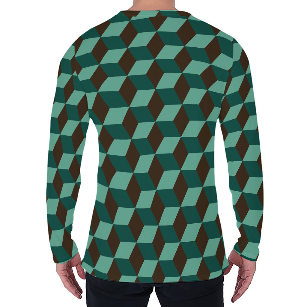 Dark Green Geometric Cube Pattern Print Men's Long Sleeve T-Shirt