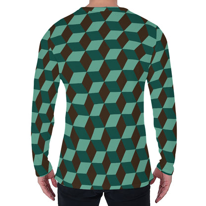 Dark Green Geometric Cube Pattern Print Men's Long Sleeve T-Shirt