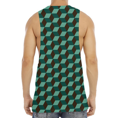 Dark Green Geometric Cube Pattern Print Men's Muscle Tank Top
