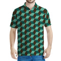 Dark Green Geometric Cube Pattern Print Men's Polo Shirt