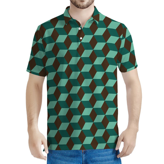 Dark Green Geometric Cube Pattern Print Men's Polo Shirt