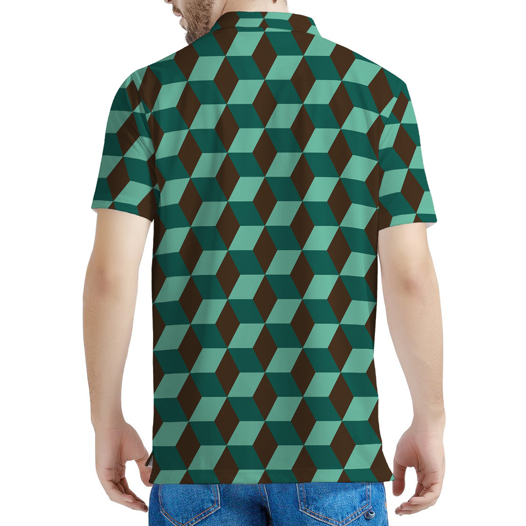 Dark Green Geometric Cube Pattern Print Men's Polo Shirt