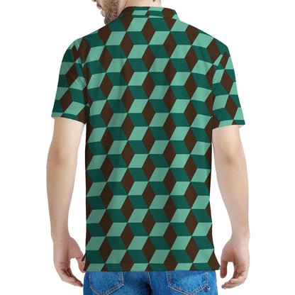 Dark Green Geometric Cube Pattern Print Men's Polo Shirt