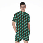 Dark Green Geometric Cube Pattern Print Men's Rompers