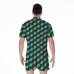 Dark Green Geometric Cube Pattern Print Men's Rompers