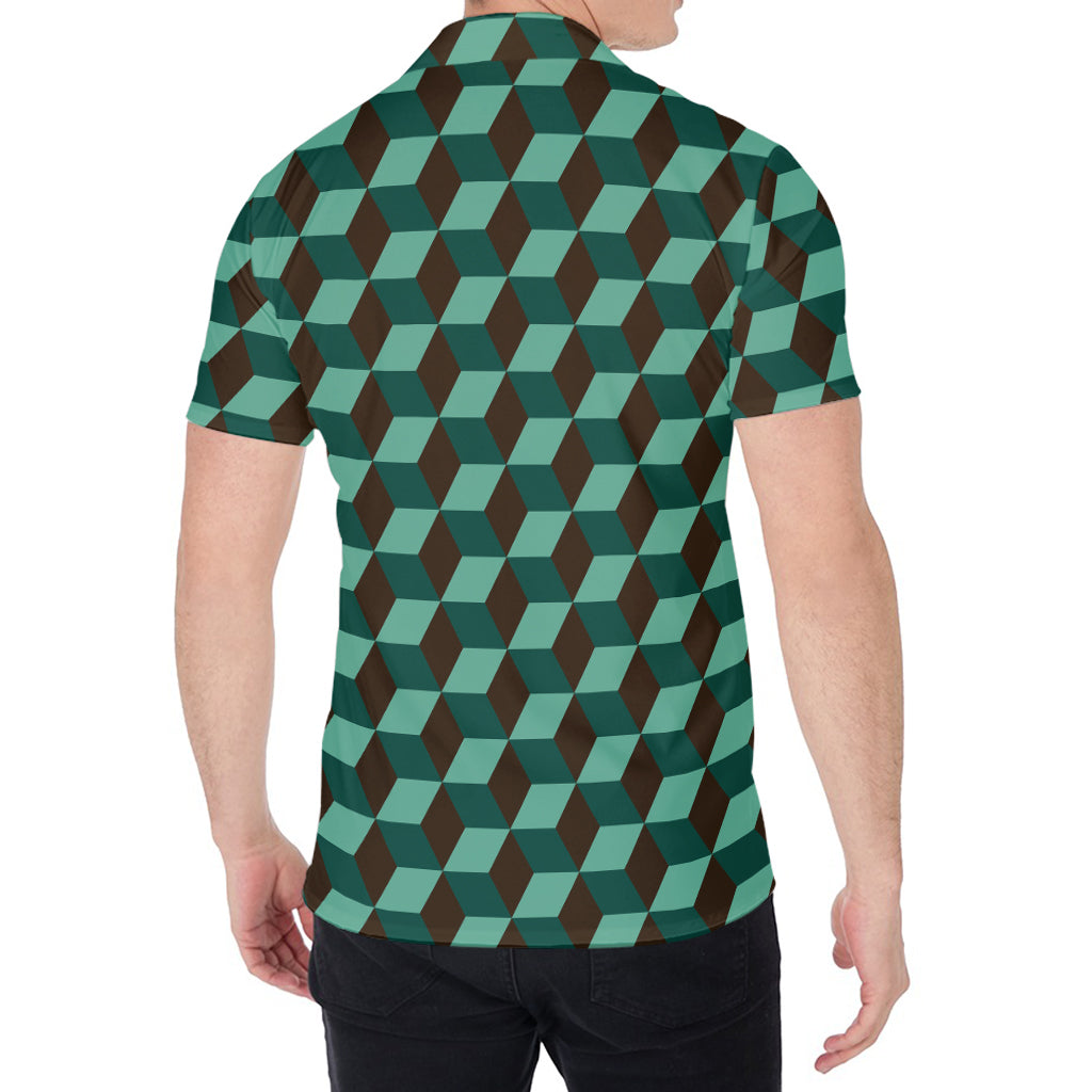 Dark Green Geometric Cube Pattern Print Men's Shirt